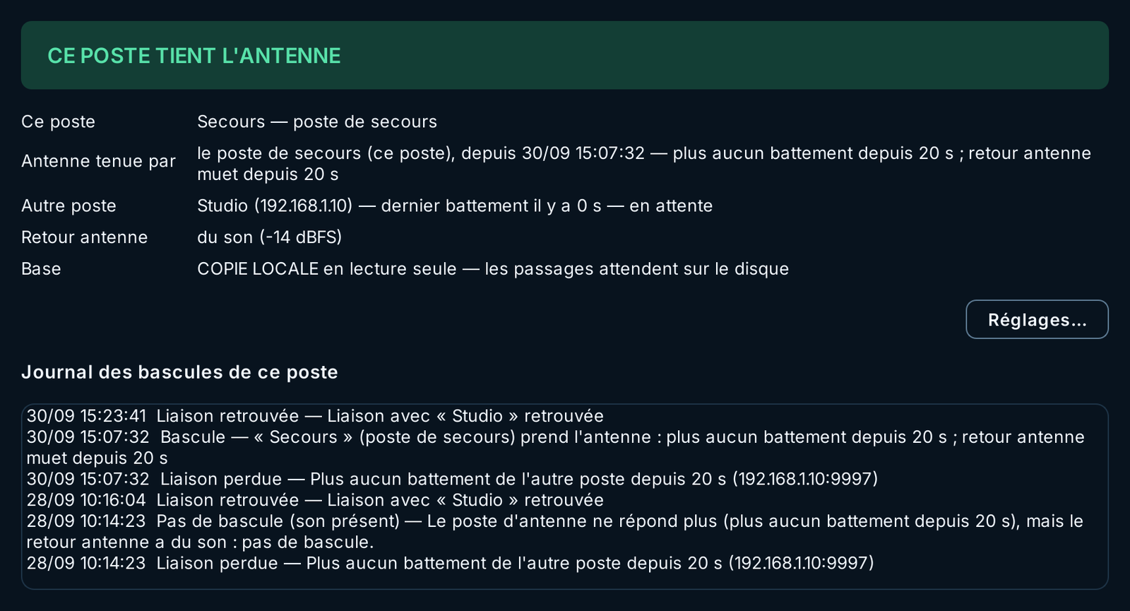 Écran Secours antenne du poste de secours : il tient l'antenne depuis la panne du PC d'antenne, sur la copie locale de la base