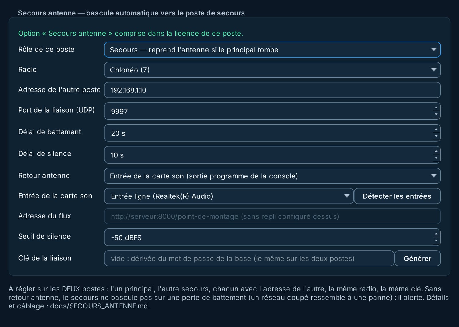 Paramètres › Antenne › Secours : rôle du poste, radio, adresse de l'autre poste, délais de battement et de silence, retour antenne par l'entrée de la carte son, seuil de silence