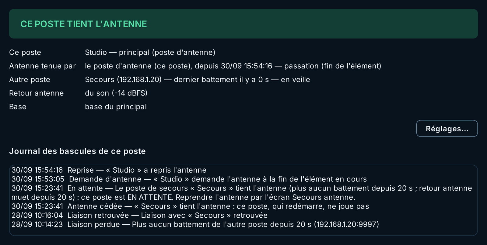Poste Studio de nouveau à l'antenne après la passation, le poste de secours en veille, journal complet de la bascule