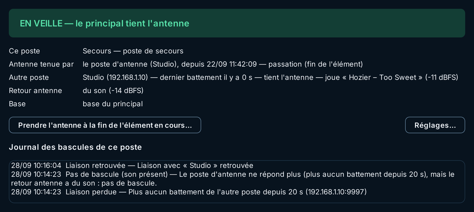 Poste de secours en veille : le Studio tient l'antenne, dernier battement il y a 0 s, retour antenne avec du son, base du principal